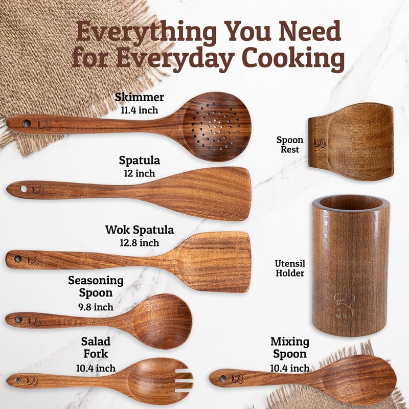 Priority Chef PriorityChef Premium Wooden Spoons for Cooking - 6pc with Utensil Holder, Spoon Rest and Hanging Hooks, Smooth Finish Teak Wooden Utensil Set, Heat-Resistant & Nonstick Safe, Ideal for Gifting - Image 3
